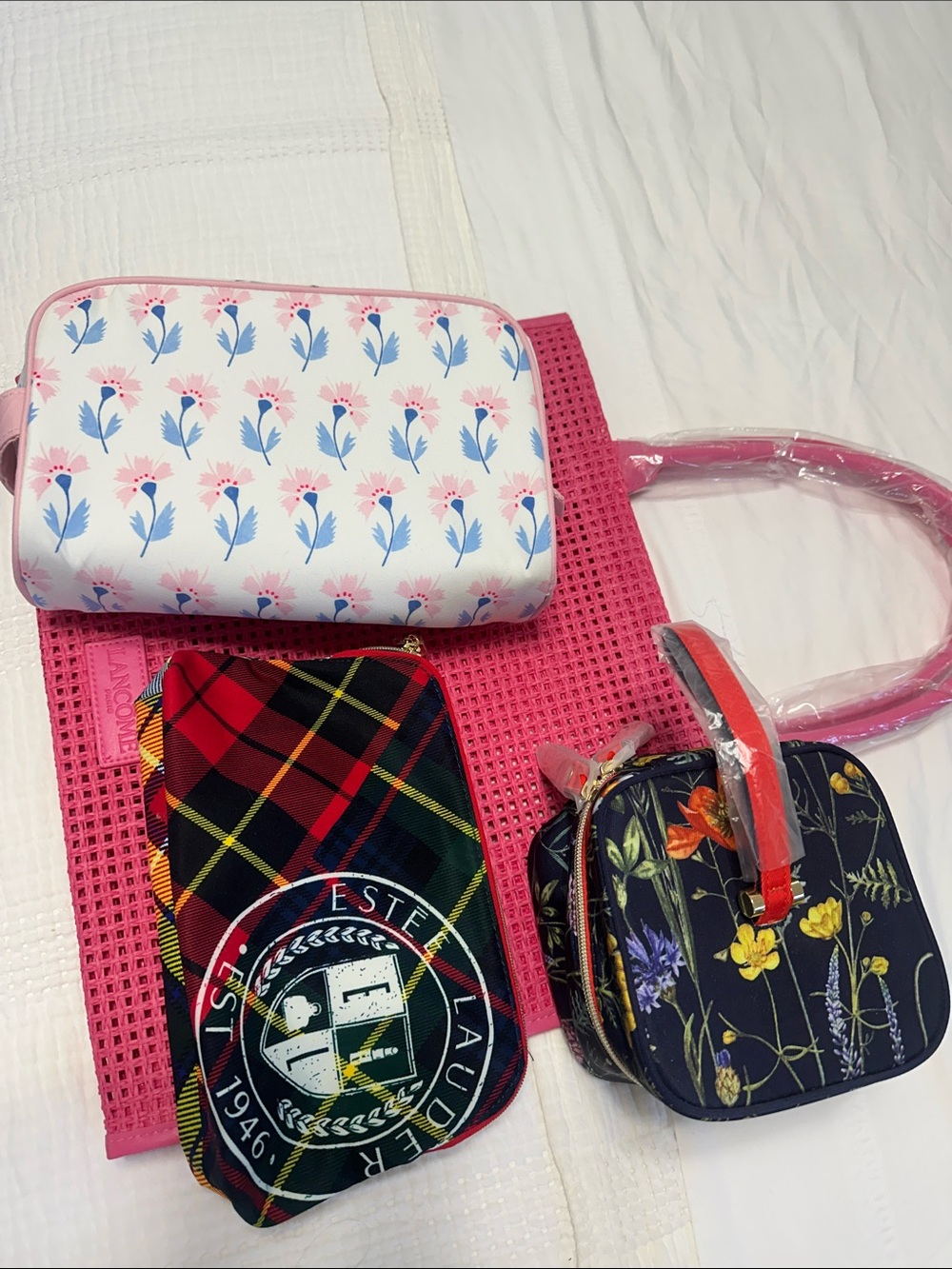 Estee Lauder COSMETIC BAGS - LANCOME Pink Woven Tote BUNDLE bags floral plaid